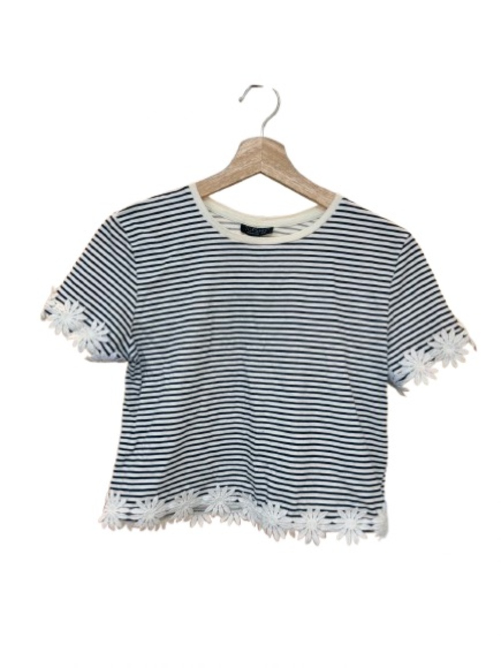 Topshop Navy and White Striped Short Sleeve Tee with Daisy Lace Trim